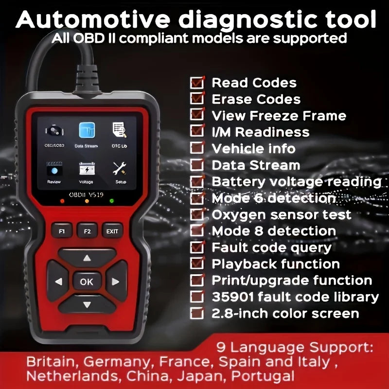 V519 Professional Obd2 Scanner - Usb-Powered Car Diagnostic Tool with Real-Time Data Stream, Full-Featured Obd Ii Testing (I/M Ready, Bod2/Eobd), Clears Engine Fault Lights, Reads/Erases Codes for Most Vehicles, Car Maintenance, Ergonomic Design, Durable Plastic Casing