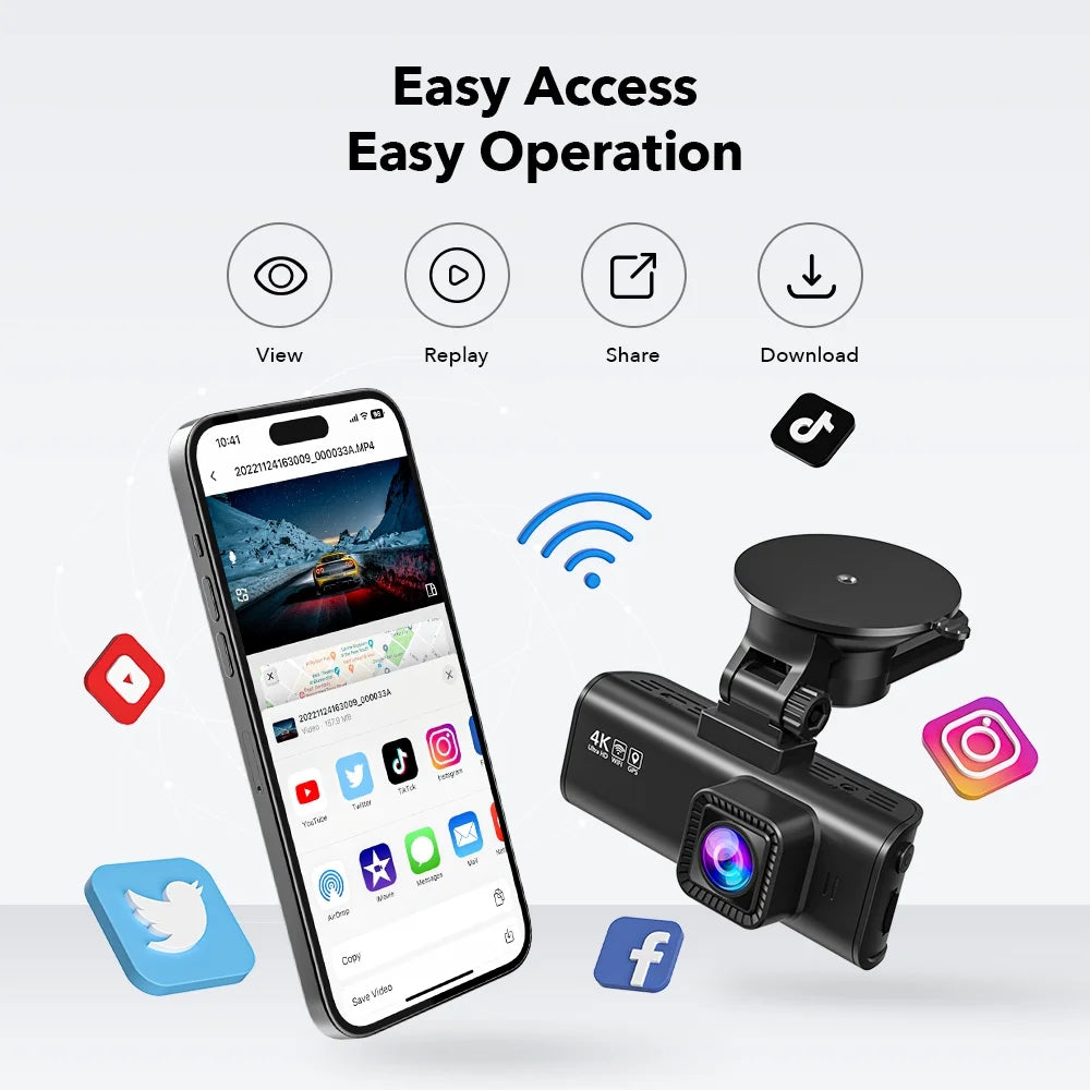 Dash Cam for Cars, 4K/2.5K Full HD Car Camera Dash Cam, 3.16” IPS Screen Dash Cam, Dashcam Built-In Wi-Fi GPS, Night Vision, Loop Recording, Vehicle, Parking Mode, Free 64GB Card