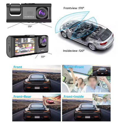 Dash Cam, 3 Channel Dash Cam, 1080P Dash Cam Front and Inside, Triple Dash Cam, Infrared Night Vision, G-Sensor, 24Hr Parking, Front Rear Dash Cam Loop Recording