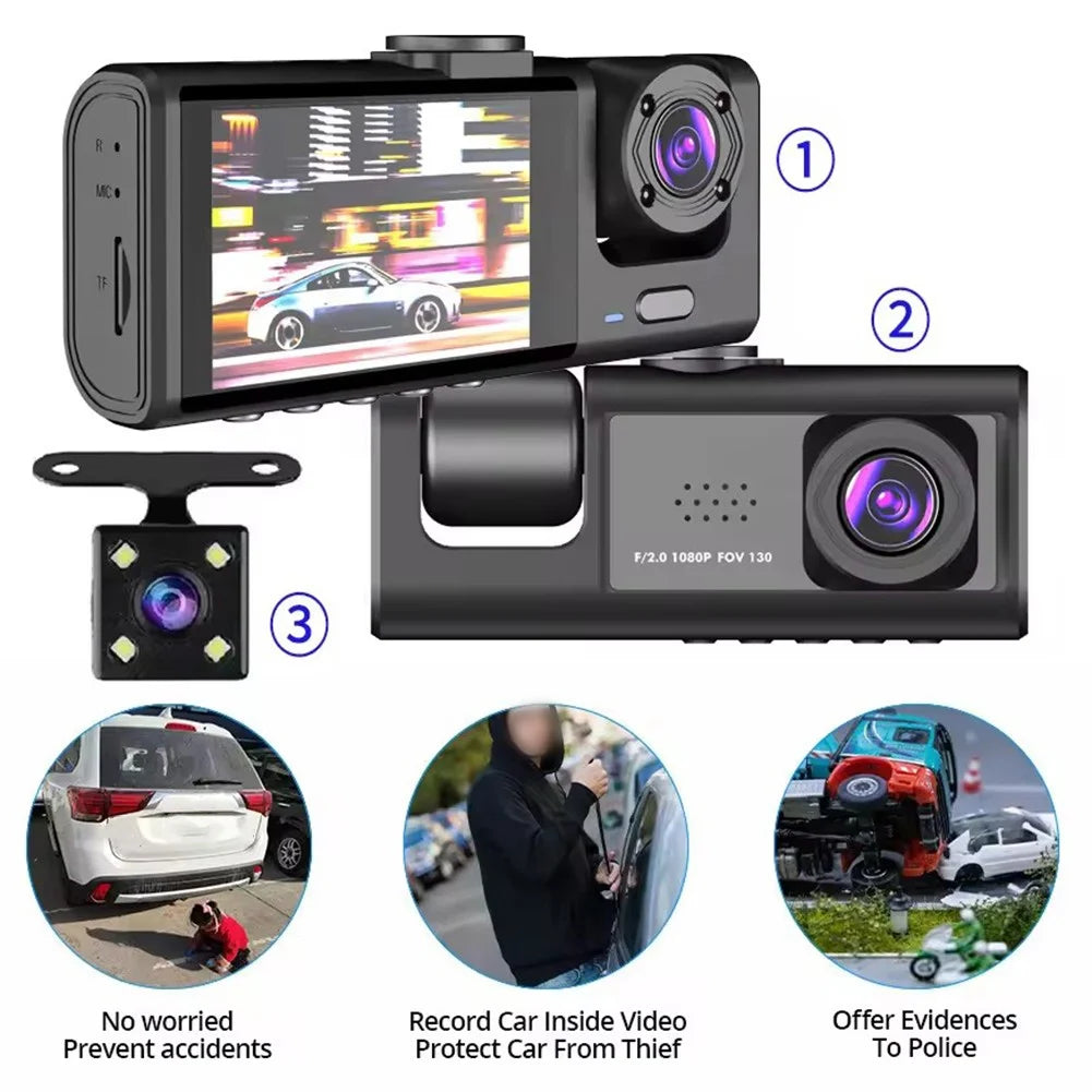 Dash Cam, 3 Channel Dash Cam, 1080P Dash Cam Front and Inside, Triple Dash Cam, Infrared Night Vision, G-Sensor, 24Hr Parking, Front Rear Dash Cam Loop Recording