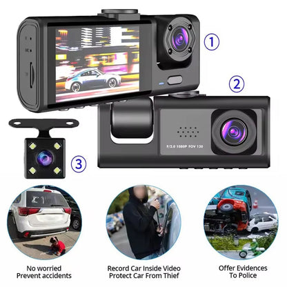 Dash Cam, 3 Channel Dash Cam, 1080P Dash Cam Front and Inside, Triple Dash Cam, Infrared Night Vision, G-Sensor, 24Hr Parking, Front Rear Dash Cam Loop Recording