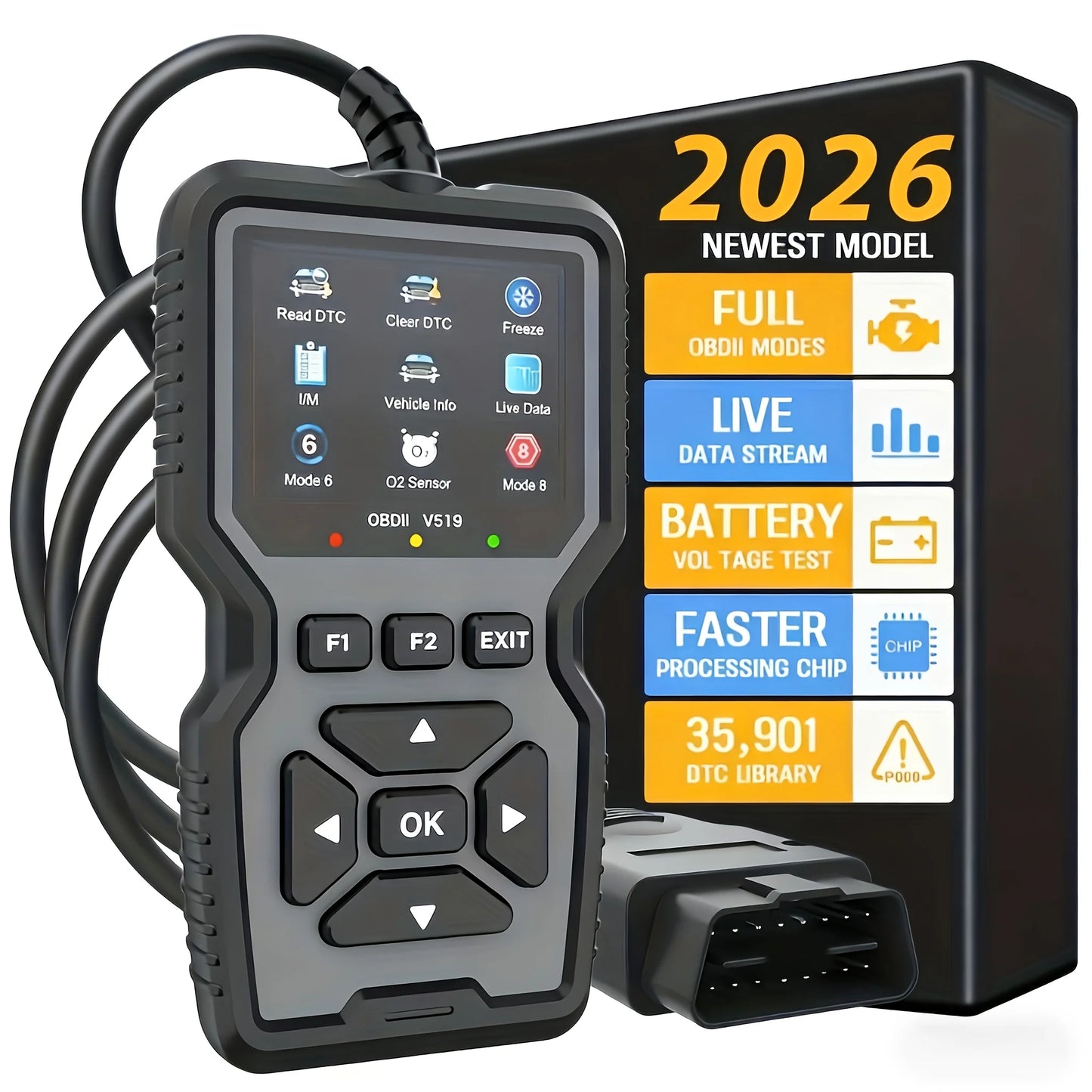 V519 Professional Obd2 Scanner - Usb-Powered Car Diagnostic Tool with Real-Time Data Stream, Full-Featured Obd Ii Testing (I/M Ready, Bod2/Eobd), Clears Engine Fault Lights, Reads/Erases Codes for Most Vehicles, Car Maintenance, Ergonomic Design, Durable Plastic Casing
