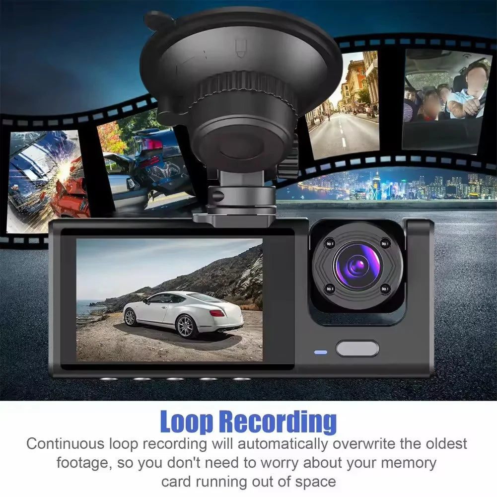 Dash Cam, 3 Channel Dash Cam, 1080P Dash Cam Front and Inside, Triple Dash Cam, Infrared Night Vision, G-Sensor, 24Hr Parking, Front Rear Dash Cam Loop Recording